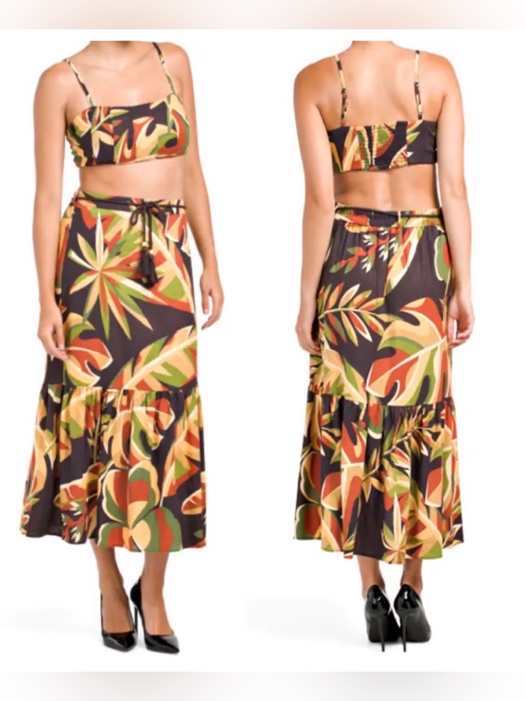 House Of Harlow 1960 Tropical Print Maxi Skirt & Top Set-Brown Multi Linen Blend